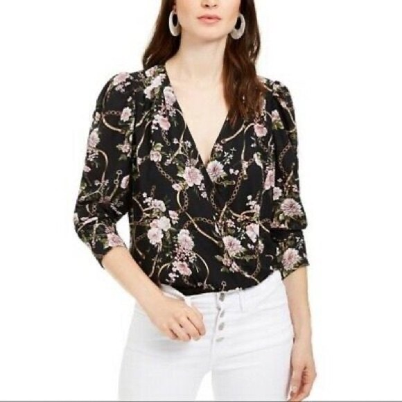 Ash & Violet Long Sleeve Faux Wrap Floral Chain Print Bodysuit - Picture 1 of 6